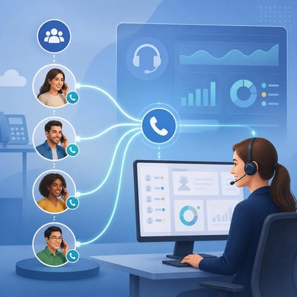 A polished modern business illustration representing call queues_ a customer support phone system connecting multiple callers waiting in an organized queue, subtle headset and telephone icons, flowing conn