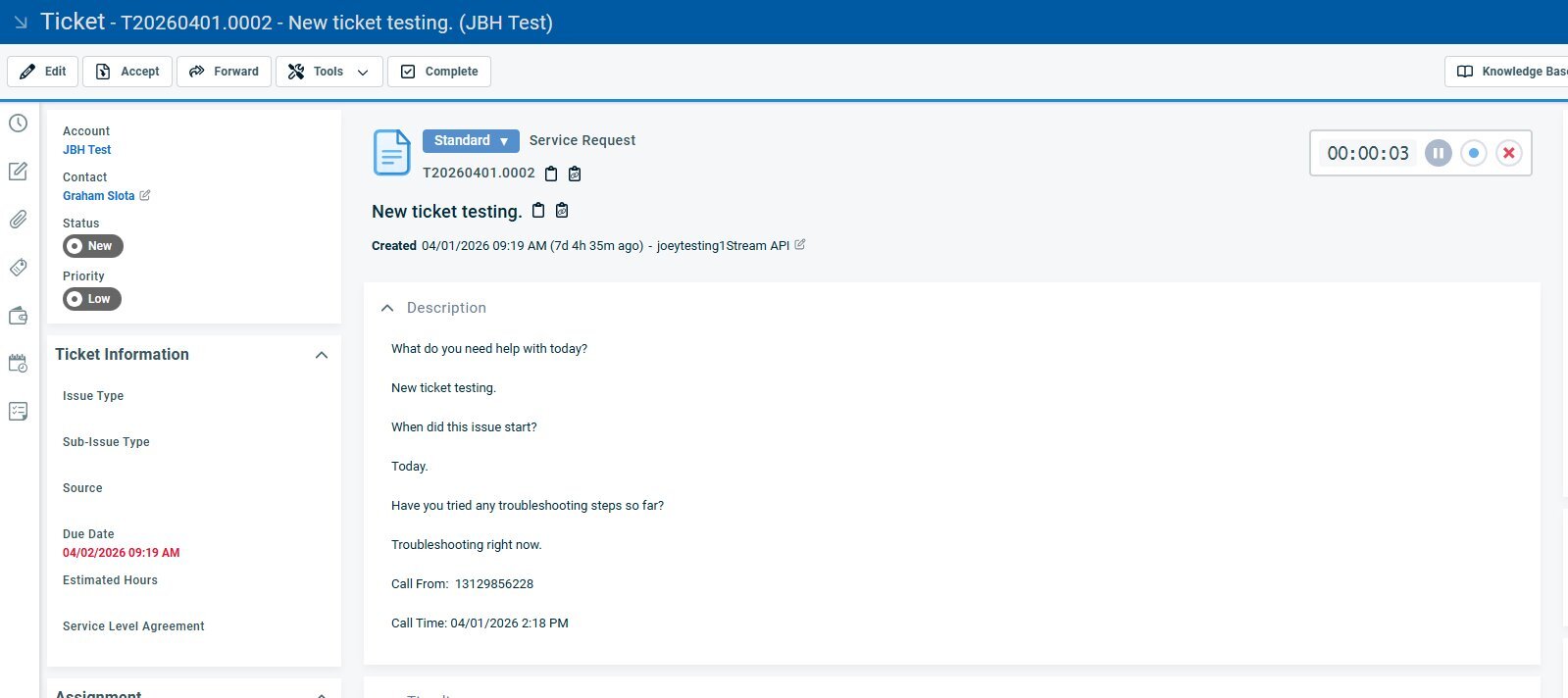 The AI-generated call summary posted to an Autotask ticket as a note, including summary, sentiment score with explanation, next steps, and line-by-line transcription.