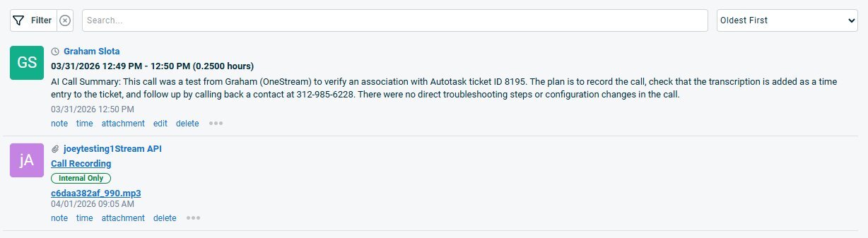 An Autotask ticket time entry posted automatically by 1Stream, showing AI Call Summary text and an attached call recording mp3.